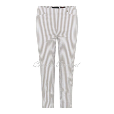 Robell Rose 07 Super Slim Fit Stripe Capri Trouser 51569-54375-14 (Beige / White)