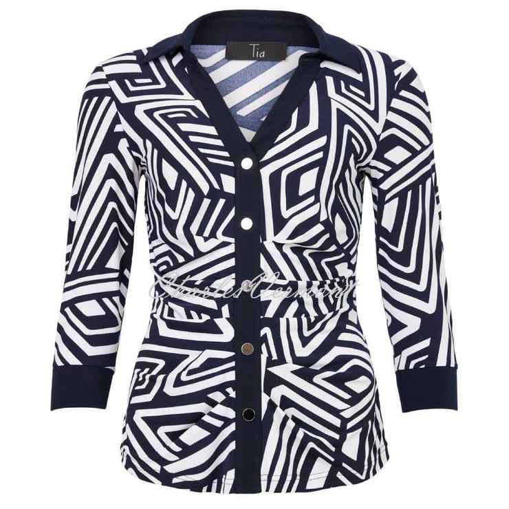 Tia Geometric Print Blouse Top with Ruched Front Detail - Style 730787948-69