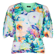 Tia V-Neck Floral Top with Ruched Hem - Style 74238-7962-84