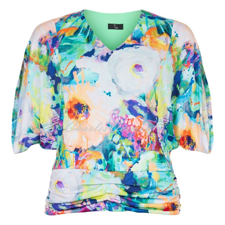 Tia V-Neck Floral Top with Ruched Hem - Style 74238-7962-84