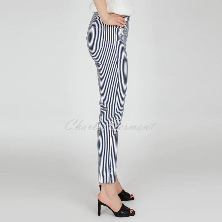 Robell Bella 09 - 7/8 Cropped Slim Fit Stripe Trouser 52483-54375-69 (Navy / White)