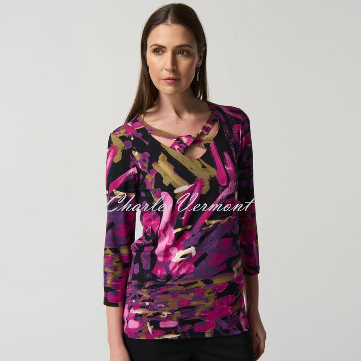 Joseph Ribkoff Abstract Print Cross-Cut V-Neck Top - Style 233268