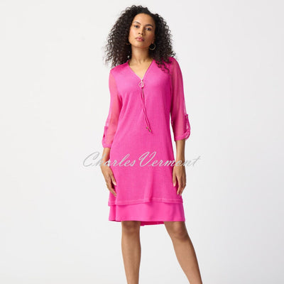 Joseph Ribkoff Mesh V-neck Dress - Style 241115 (Ultra Pink)
