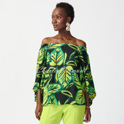 Joseph Ribkoff Tropical Leaf Print Off-The-Shoulder Top - Style 241277