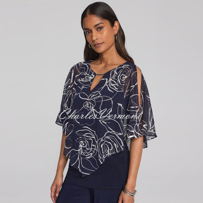 Joseph Ribkoff Floral Print Chiffon Overlay Top With Keyhole Neckline - Style 241783