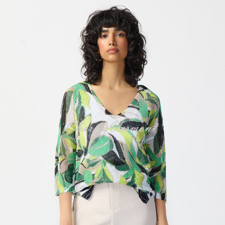 Joseph Ribkoff Tropical Print Crochet Sweater Top - Style 241918