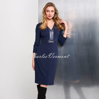 Tia V-Neckline Dress with Leatherette Detail - Style 78052-7050-69 (Navy)