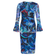 Tia Abstract Print Mesh Dress with Fluted Sleeves - Style 78077-7994-68