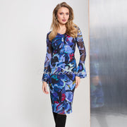 Tia Abstract Print Mesh Dress with Fluted Sleeves - Style 78077-7994-68