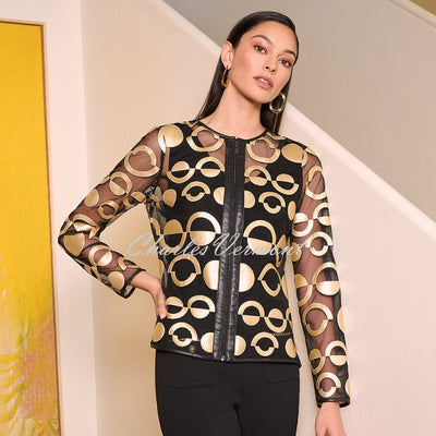 Joseph Ribkoff Mesh and Faux Leather Collarless Jacket - Style 254923