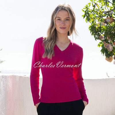 Marble V-Neck Sweater With Rhinestone Detail - Style 7119-126 (Fuchsia)