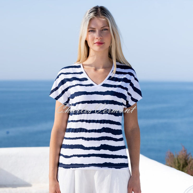 Marble Striped V-Neck Top - Style 7364-103 (Navy / White)