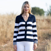 Marble Striped V-Neck Sweater - Style 7446-103 (Navy / White)