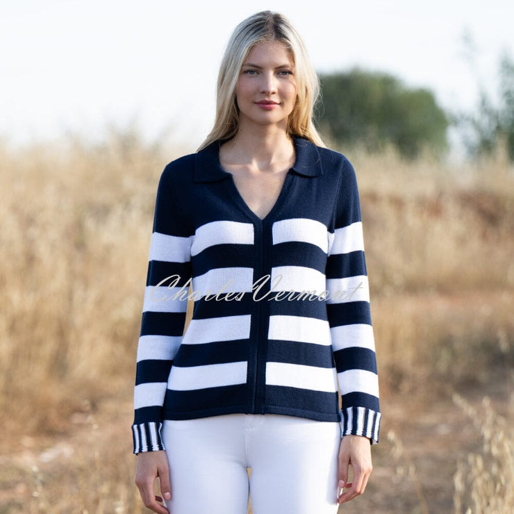 Marble Striped V-Neck Sweater - Style 7446-103 (Navy / White)