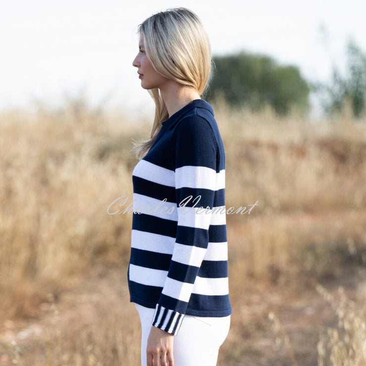 Marble Striped V-Neck Sweater - Style 7446-103 (Navy / White)