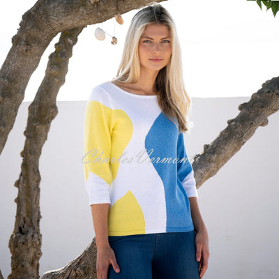 Marble Abstract Print Sweater - Style 7449-152 (Yellow / Powder Blue / White)