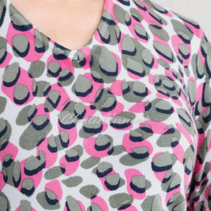 Marble V-Neck Abstract Print Sweater - Style 7808-123 (Khaki / Pink / Multi)