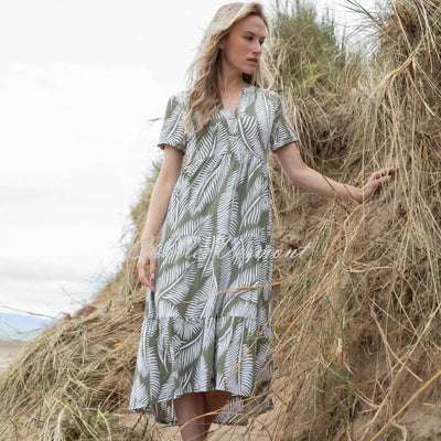 Marble Palm Print Dress - Style 7929-123 (Khaki / White)