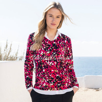 Marble Abstract Print V-Neck Sweater - Style 8021-126 (Fuchsia / Multi)