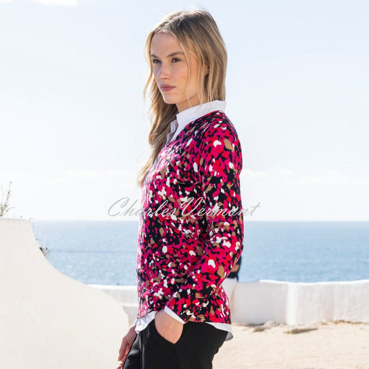 Marble Abstract Print V-Neck Sweater - Style 8021-126 (Fuchsia / Multi)