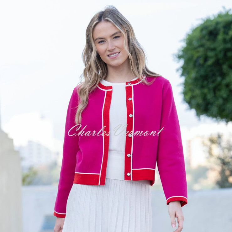 Marble Contrast Trim Cardigan Jacket - Style 8108-126 (Fuchsia / Red)