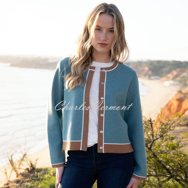 Marble Contrast Trim Cardigan Jacket - Style 8108-223 (Seafoam / Tobacco)