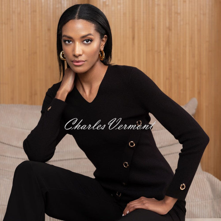 Alison Sheri V-Neck Eyelet Sweater Top - Style A46008 (Black)