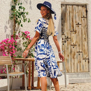 Dolcezza 'Blue Lotus' Floral Abstract Dress with Notch Neckline - Style 25153