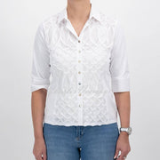 Just White Jersey Stretch Blouse with Embroided Front Panel - Style J4323