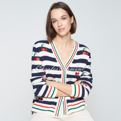 Vilagallo Striped Knit Cardigan With Cherry Embroidery - Style 32728