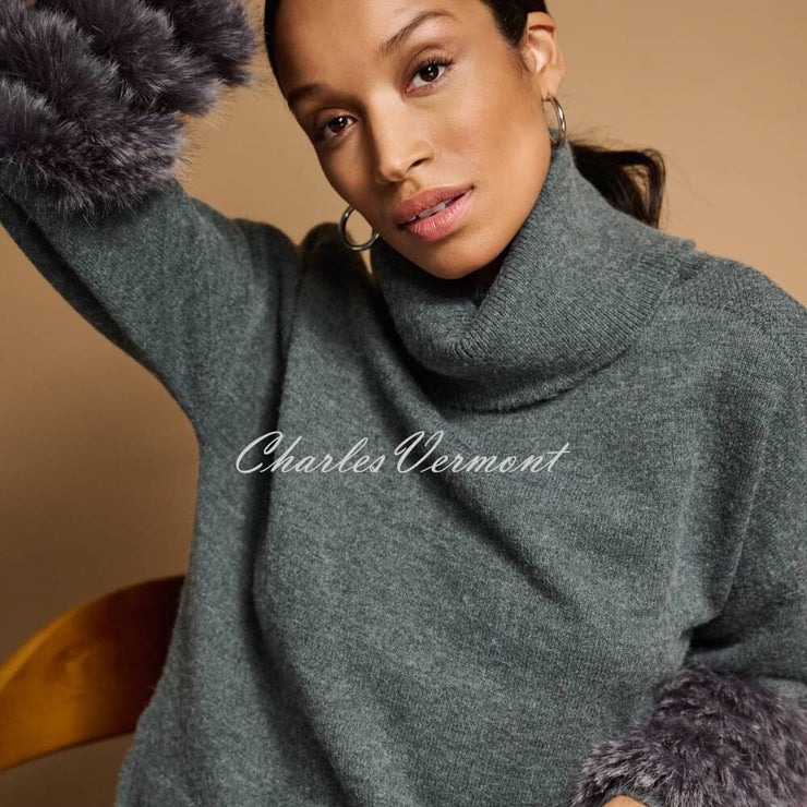 Joseph Ribkoff Sweater with Faux Fur Sleeves - Style 224940 (Grey)