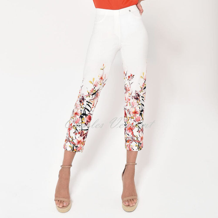 Robell Bella 09 - 7/8 Cropped Trouser - Style 51560-54870-10 (Off-White / Multi Floral)