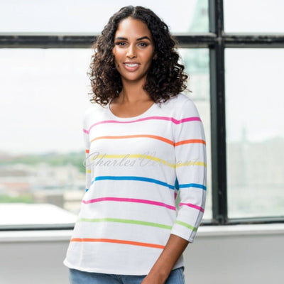 Alison Sheri Striped Sweater Top - Style A41112B (White / Multi)Alison Sheri Striped Sweater Top - Style A41112B (White / Multi)