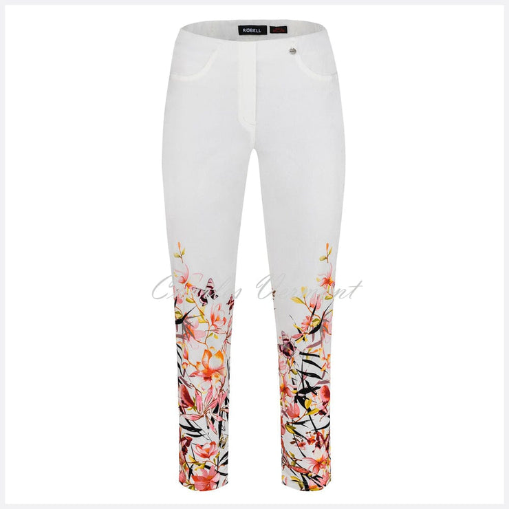 Robell Bella 09 - 7/8 Cropped Trouser - Style 51560-54870-10 (Off-White / Multi Floral)