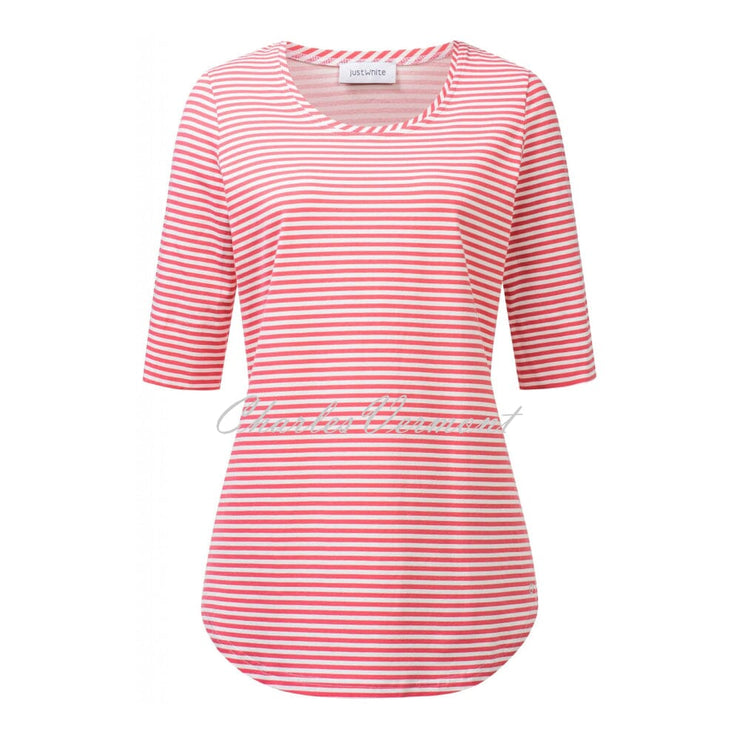 Just White Half Sleeve Striped Top - Style J1392-341 (Hibiscus Pink / White)