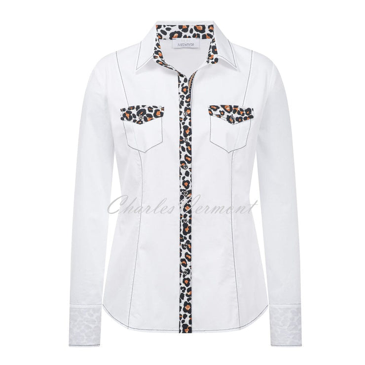 Just White Blouse Animal Print Trim – Style J1158