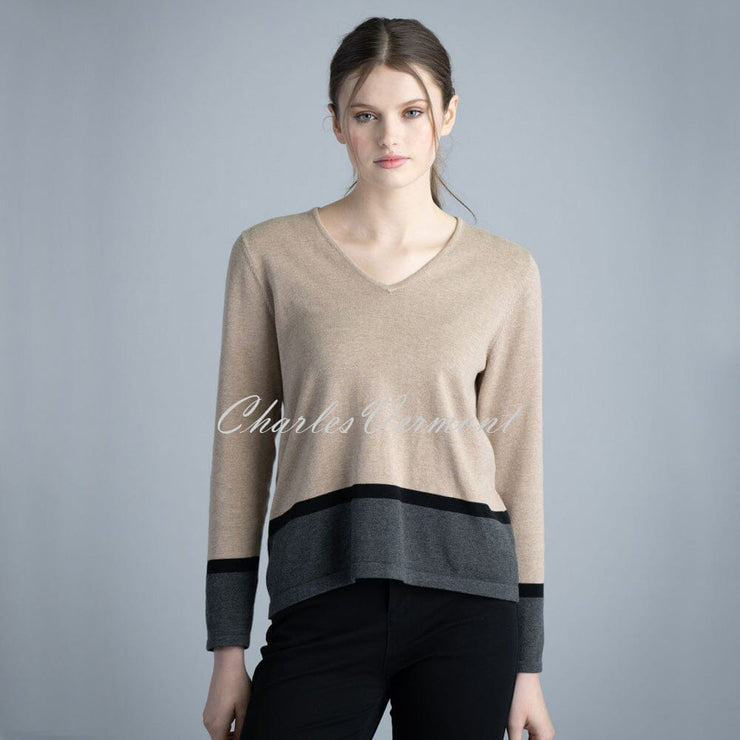 Marble V-neck Sweater – style 6387-166 (Light Camel / Charcoal Grey / Black)