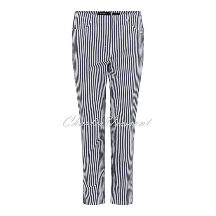 Robell Bella 09 - 7/8 Cropped Slim Fit Stripe Trouser 52483-54375-69 (Navy / White)